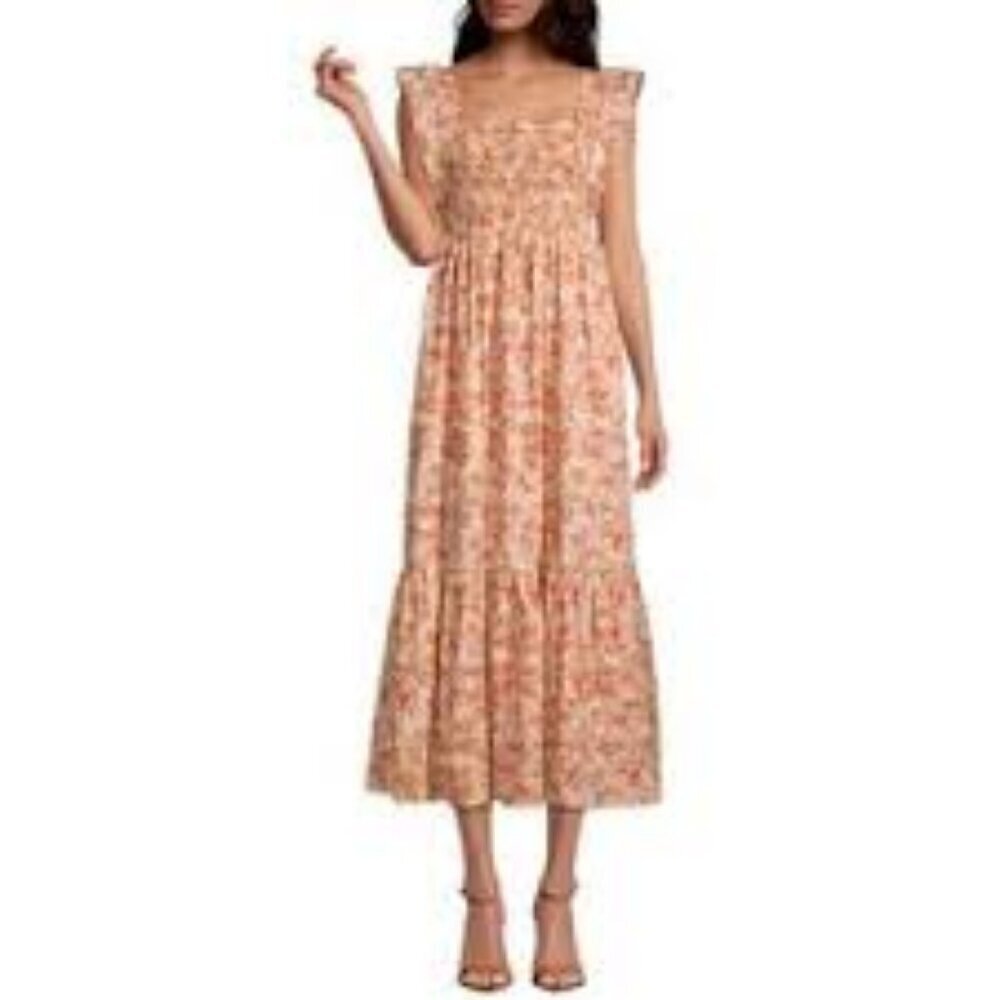 A.N.A (a new approach) Size MT Peach/Coral Floral Smocked Ruffle Maxi Dress